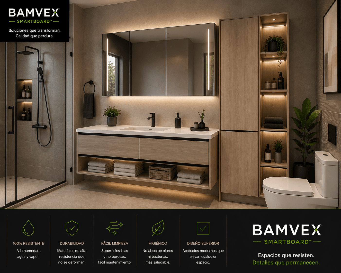 Baño con acabados BAMVEX — 100% resistente al agua, estética y durabilidad en zonas húmedas