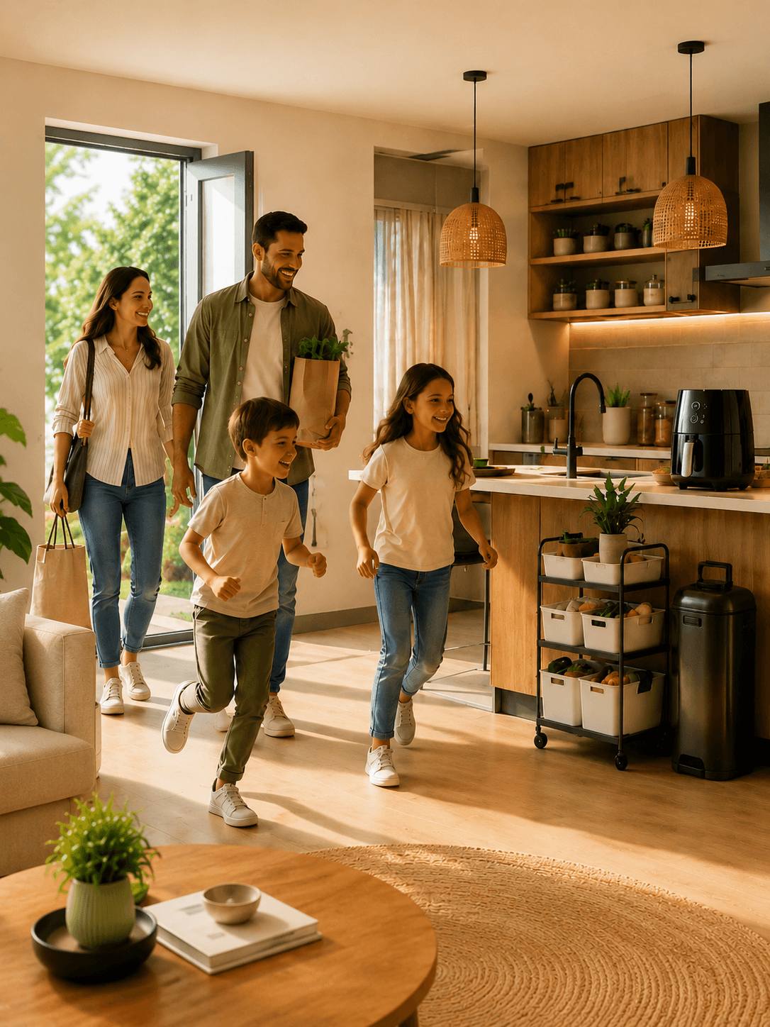 Familia disfrutando de un espacio moderno construido con soluciones BAMVEX