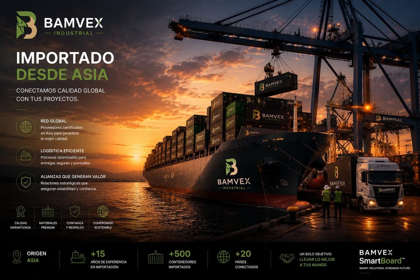Puerto BAMVEX al atardecer — red global de importación desde Asia, +15 años de experiencia, +20 países, +500 contenedores