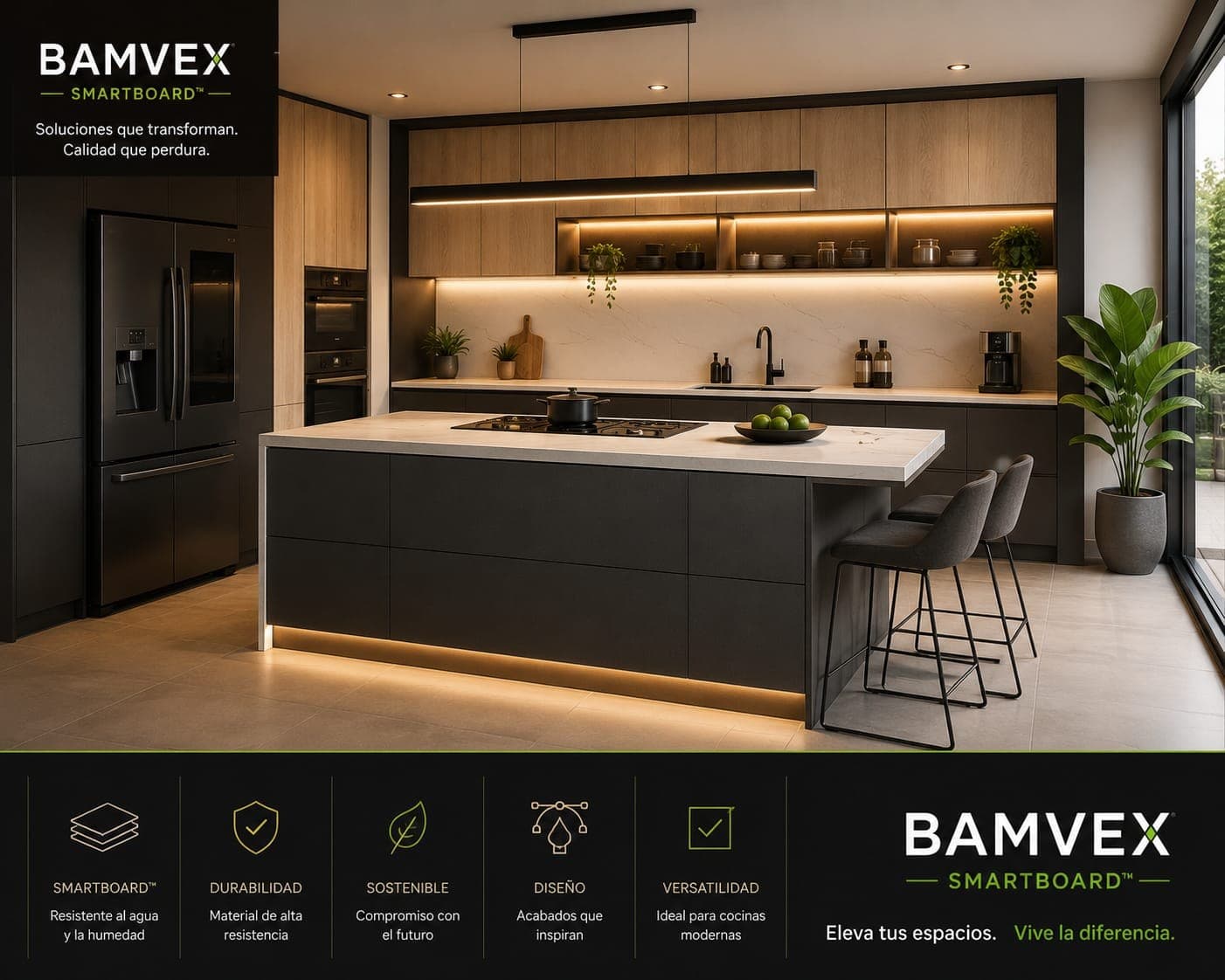 Cocina moderna construida con BAMVEX SmartBoard — el futuro que construimos en los espacios de las personas