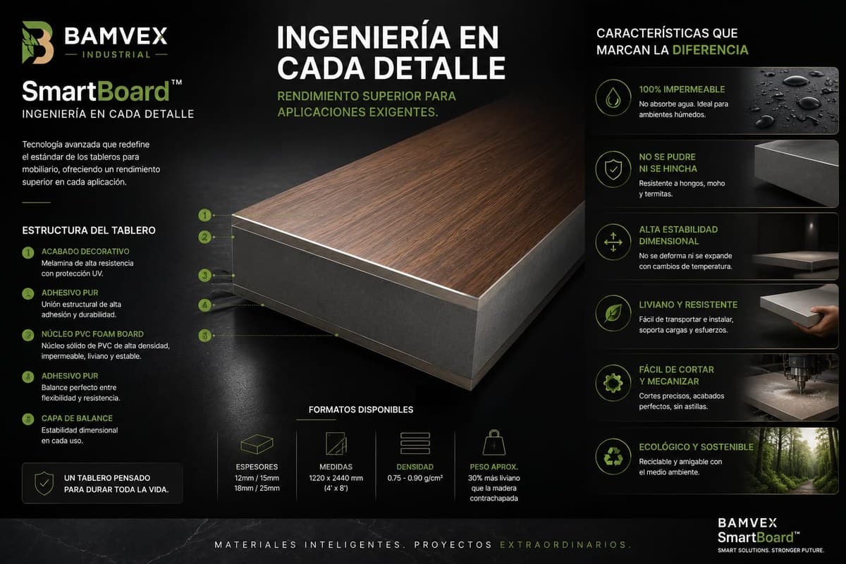 Vista lateral del tablero SmartBoard con especificaciones técnicas: formatos disponibles, espesores, medidas, densidad y peso